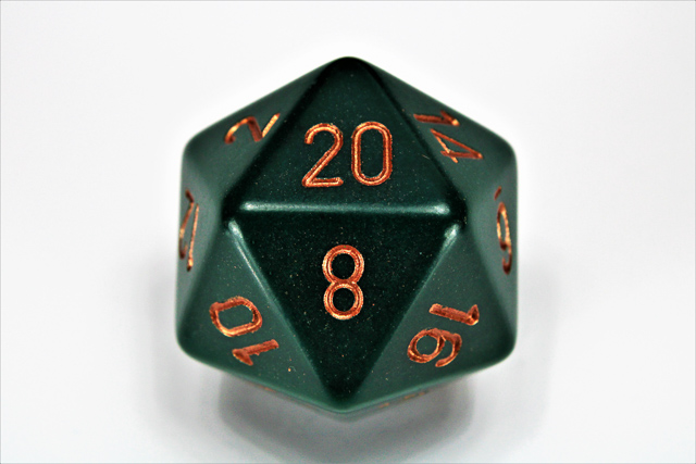34mm d20 Dice - Opaque Dusty Green/copper